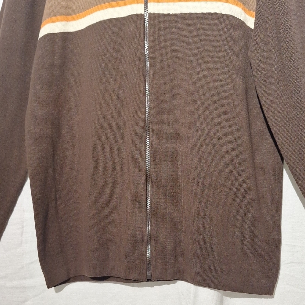3/$20--Brown Knit Zip Up Men's Sweater With Stripes And Crew Neck, Sz. L., NWOT - Picture 3 of 13